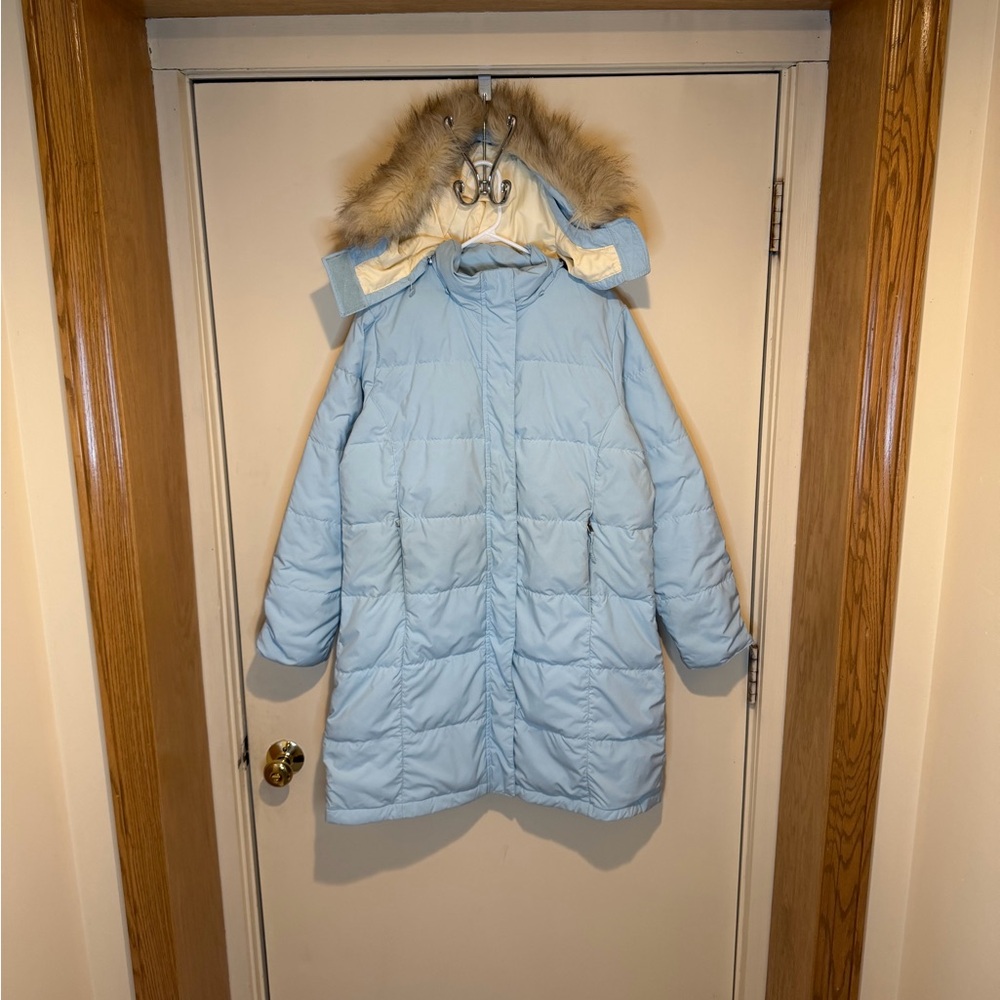 LL Bean Ultrawarm Goose Down Long Parka Puffer Coat Blue 0BCU6 Fur Hood Womens M